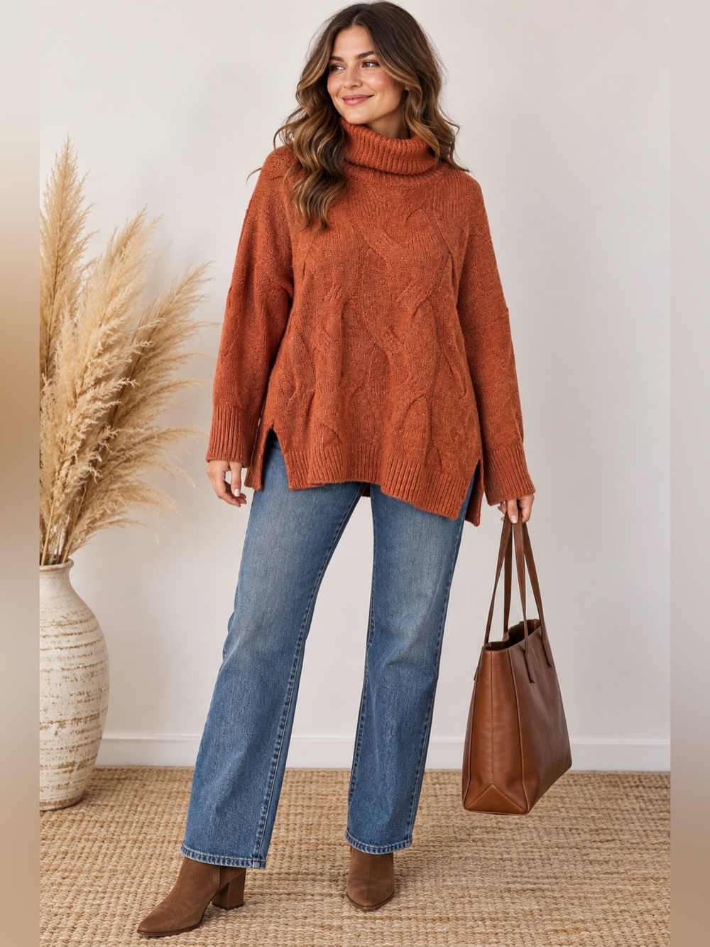 Cambridge Dry Goods NWT Rust Textured Turtleneck Sweater Cotton Blend Size L